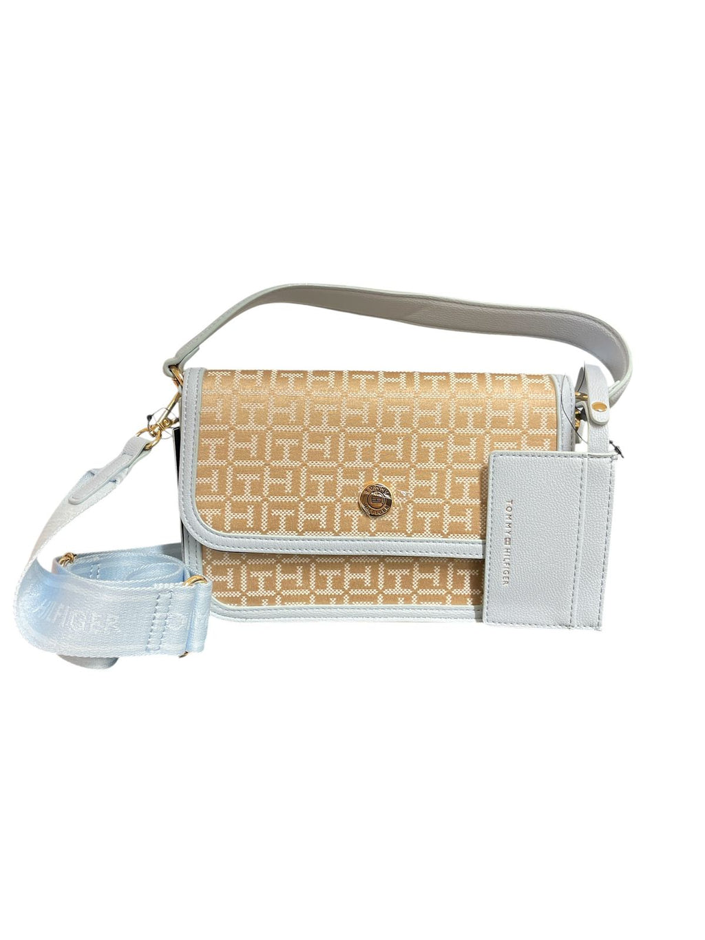 Crossbody Tommy Hilfiger Monogram Beige con Detalles en Azul